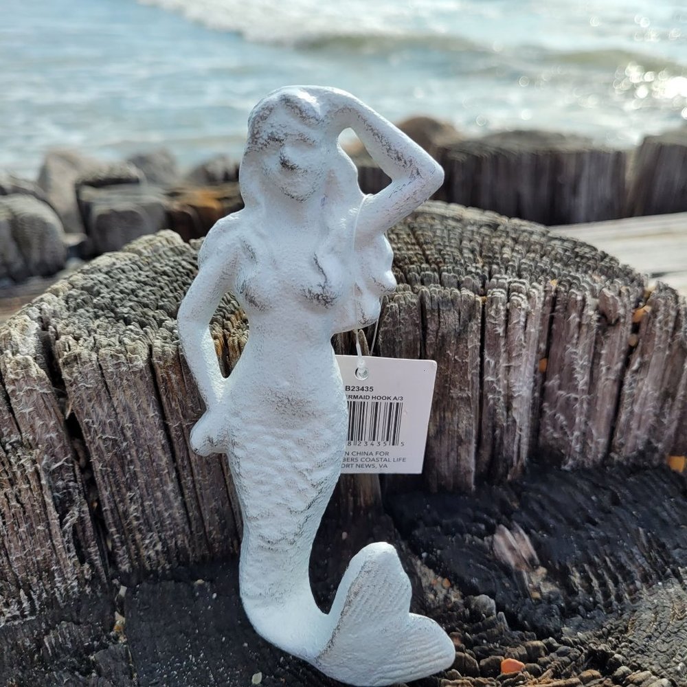 Distressed White Mermaid Hook Cast Iron Coastal Decor
